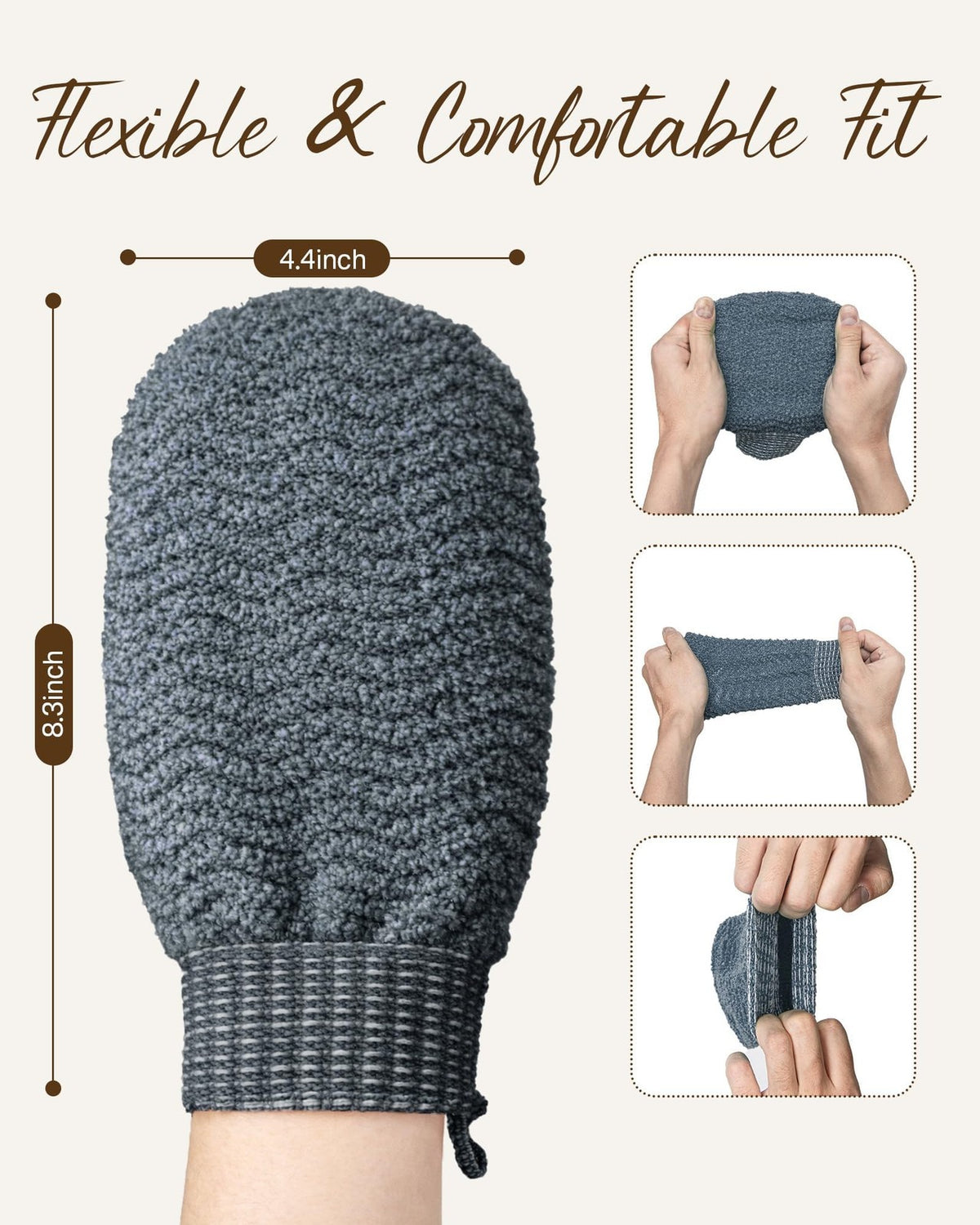 Exfoliating Gloves 2 Pack, Wave Texture Mitt for Dead Pcs, Gray
