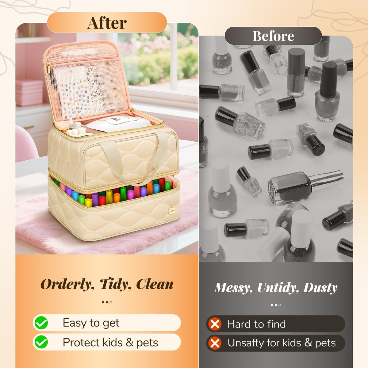 Nail Polish Organizer Case Holds 42+ Bottles 15ml Two-Layer Beig