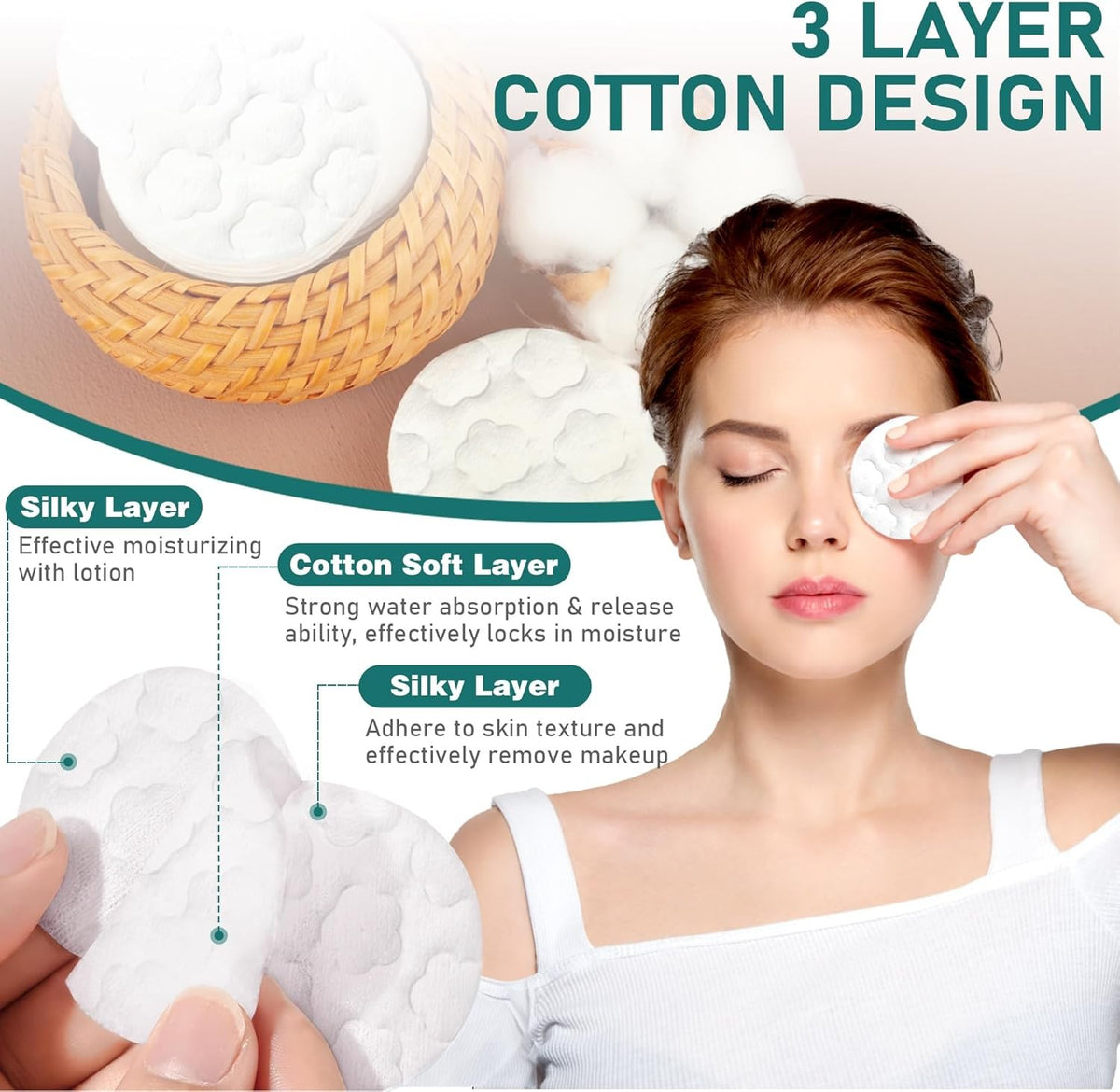 Premium Cotton Rounds for Face - 300 Count, 2.36 Inch Diameter, Hypoallergenic & Biodegradable