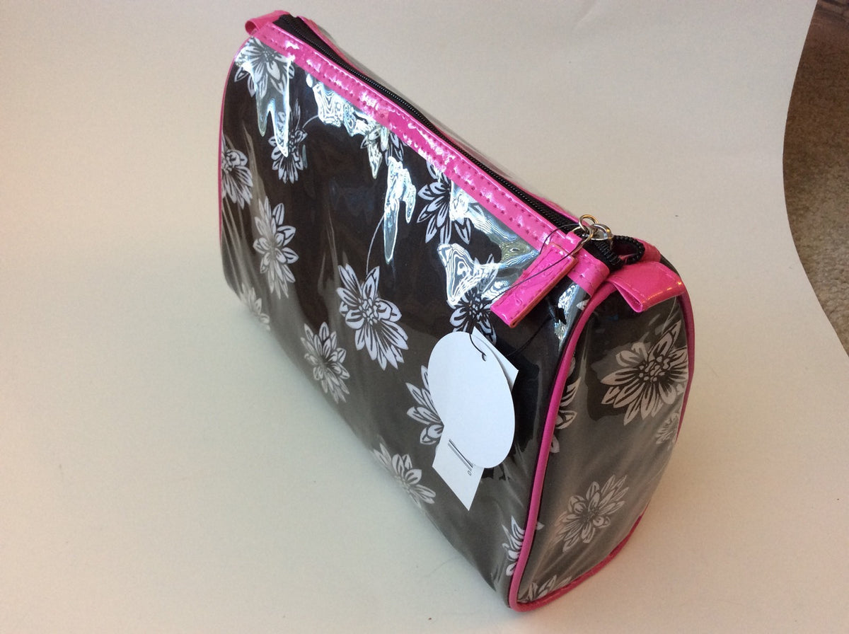 Makeup Bag with Mirror by Prevail White Flowers on Black Pink Trim