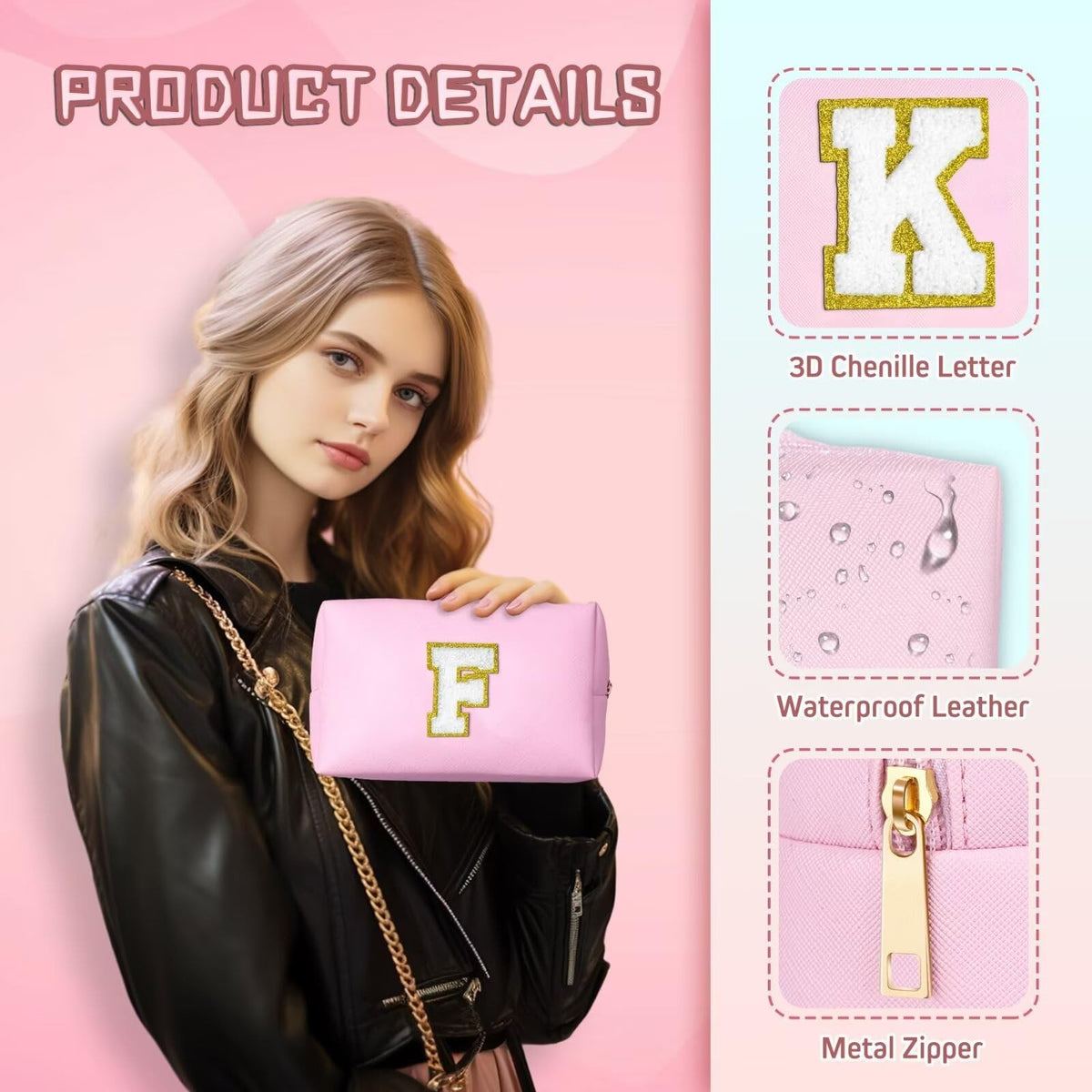 Personalized Makeup Bag for Women Girls - Pink Initial Gift