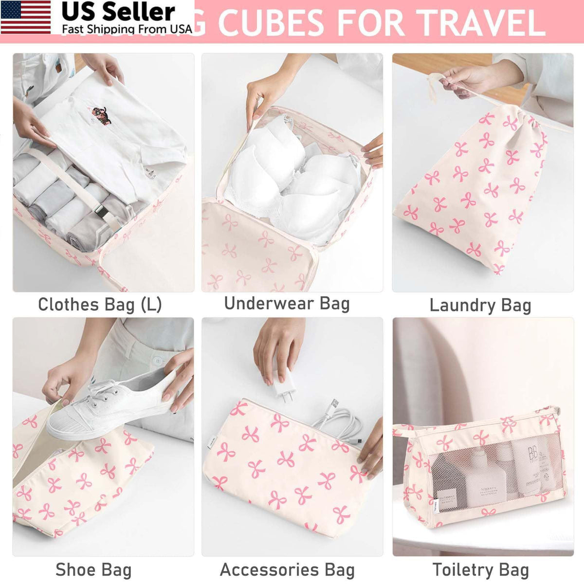 Travel Packing Cubes Set with Multiple Sizes and Accessories - Pink Bow