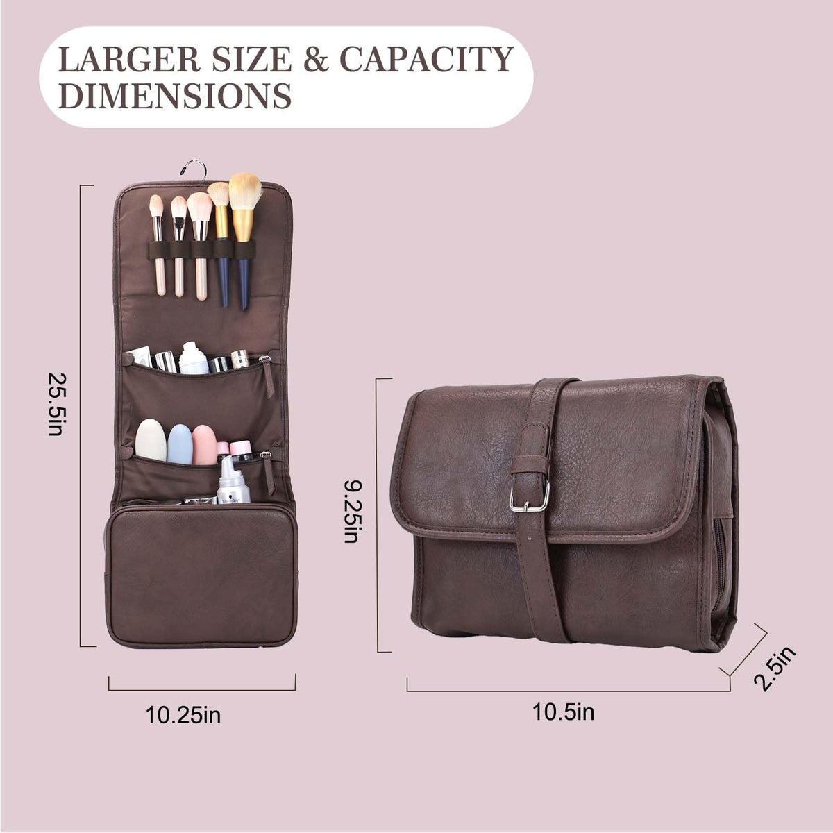 Men's Leather Hanging Toiletry Bag Folding Travel Organizer with 4 Compartments