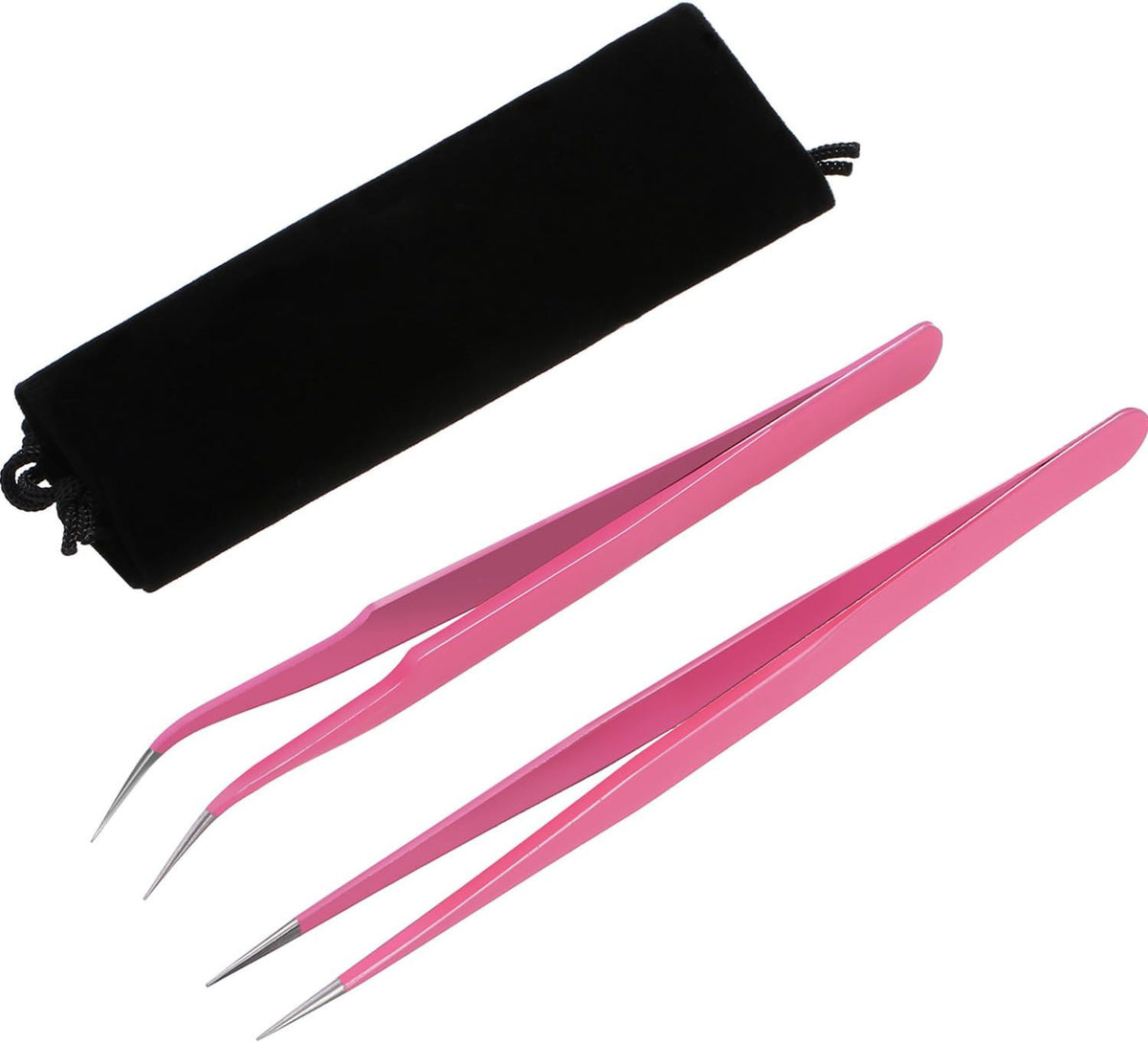 Pink Eyelash Extension Tweezers Set with Cloth Bag - Stainless Steel, 3 Pieces