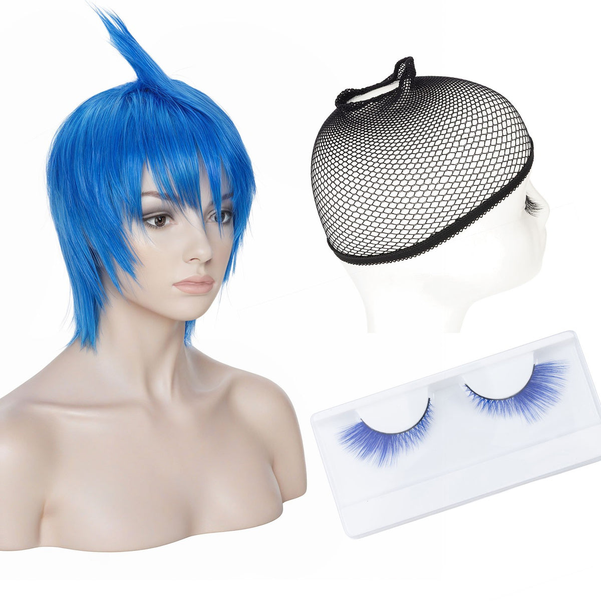 Blue Anime Cosplay Wig Set with Cap & Eyelashes - Short Spiky Style