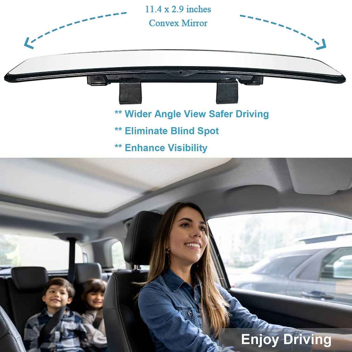 Car Rear View Mirror 12 Inch Wide Angle Convex Clip-On Interior Mirror Black