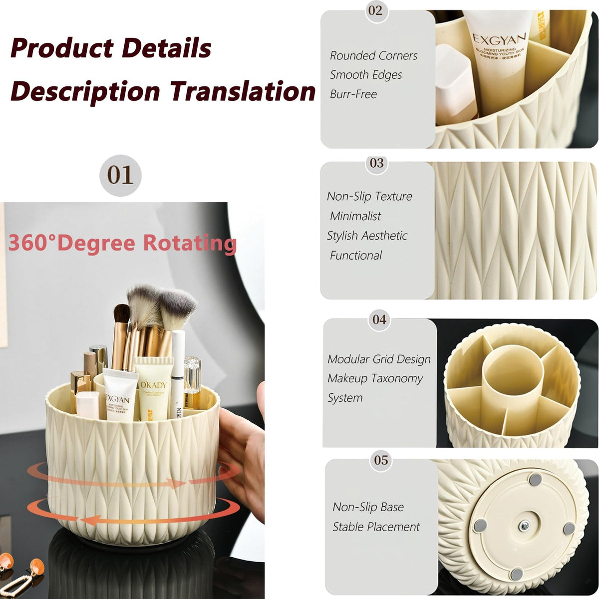 Rotating Makeup Brush Holder - 5 Slots, 360° Spinner Organizer for Vanity