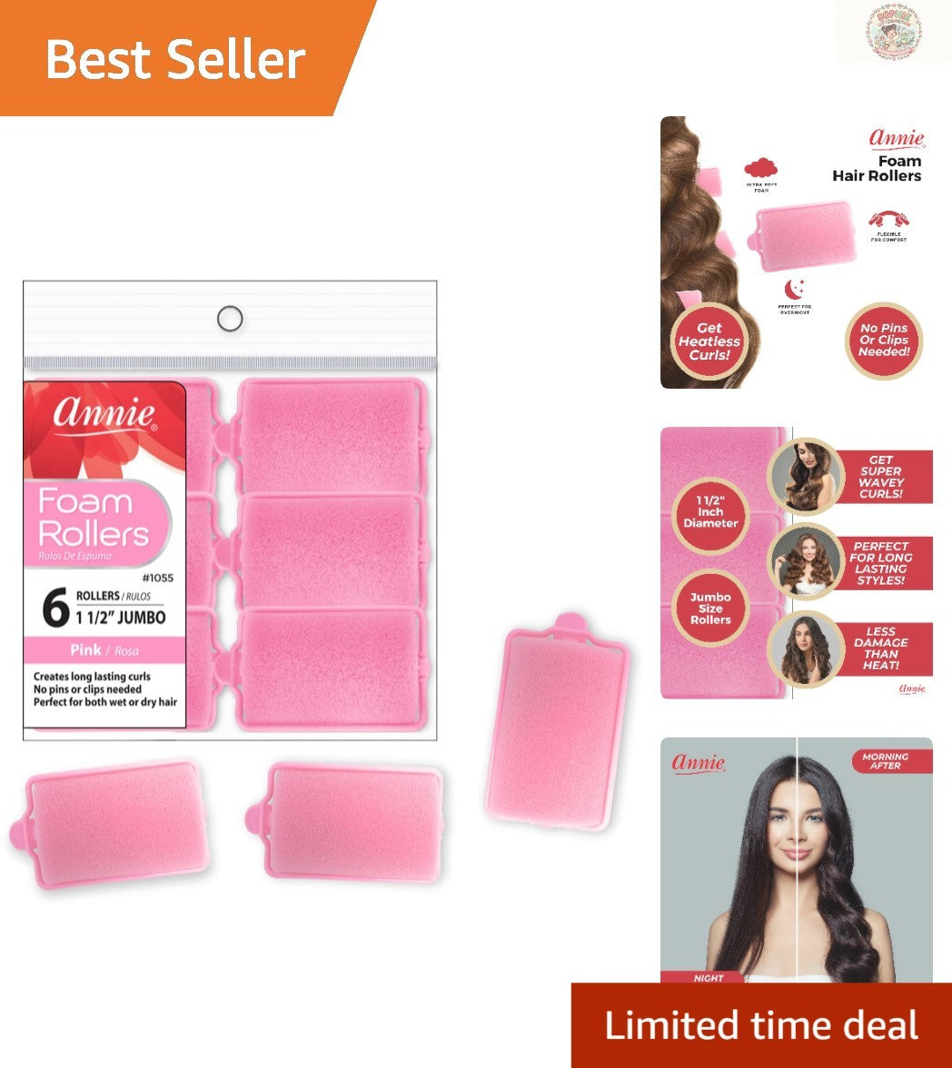 Jumbo Pink Foam Hair Rollers - Heatless Curlers for Effortless Waves, 6 Count