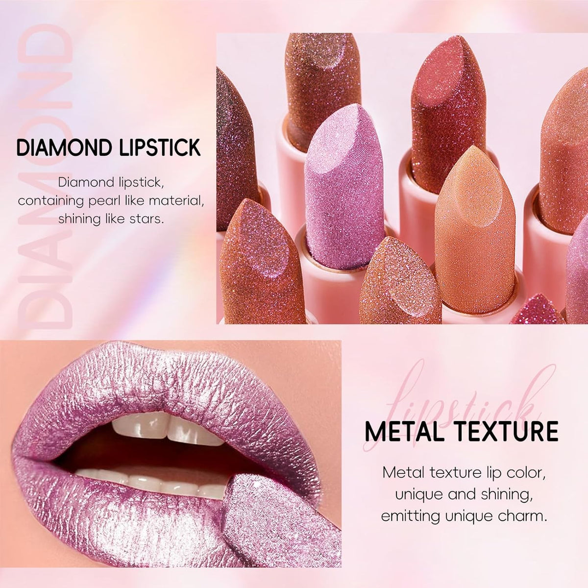 Metallic Pink Frost Glitter Lipstick for Women Long Lasting High Shine