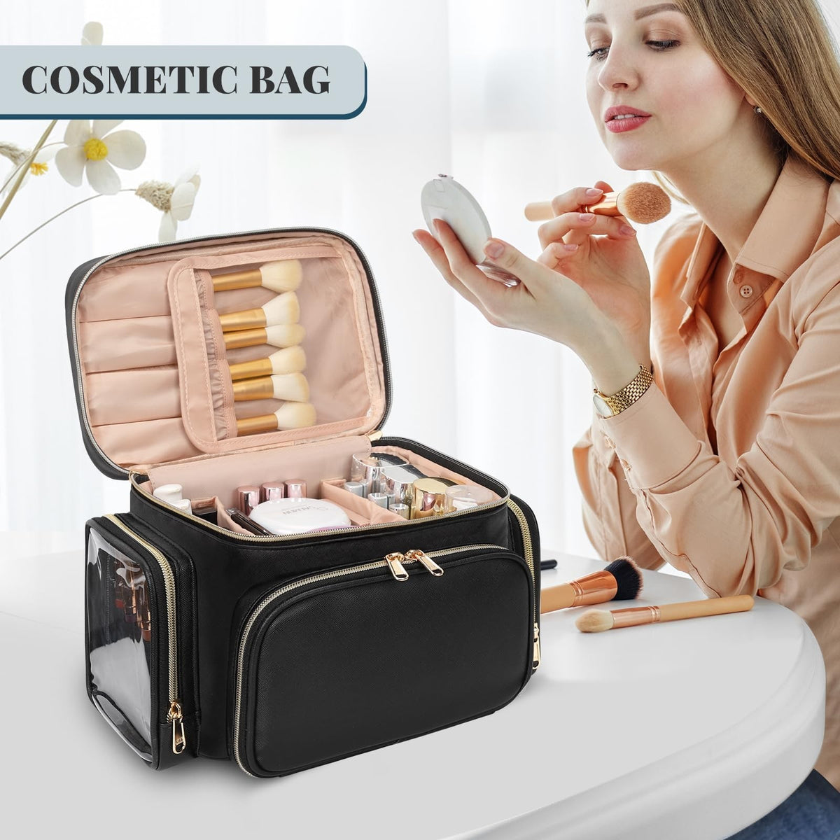 Large Travel Makeup Bag Organizer with Brush Compartments & Pockets - Waterproof Cosmetic Bag for Women & Girls