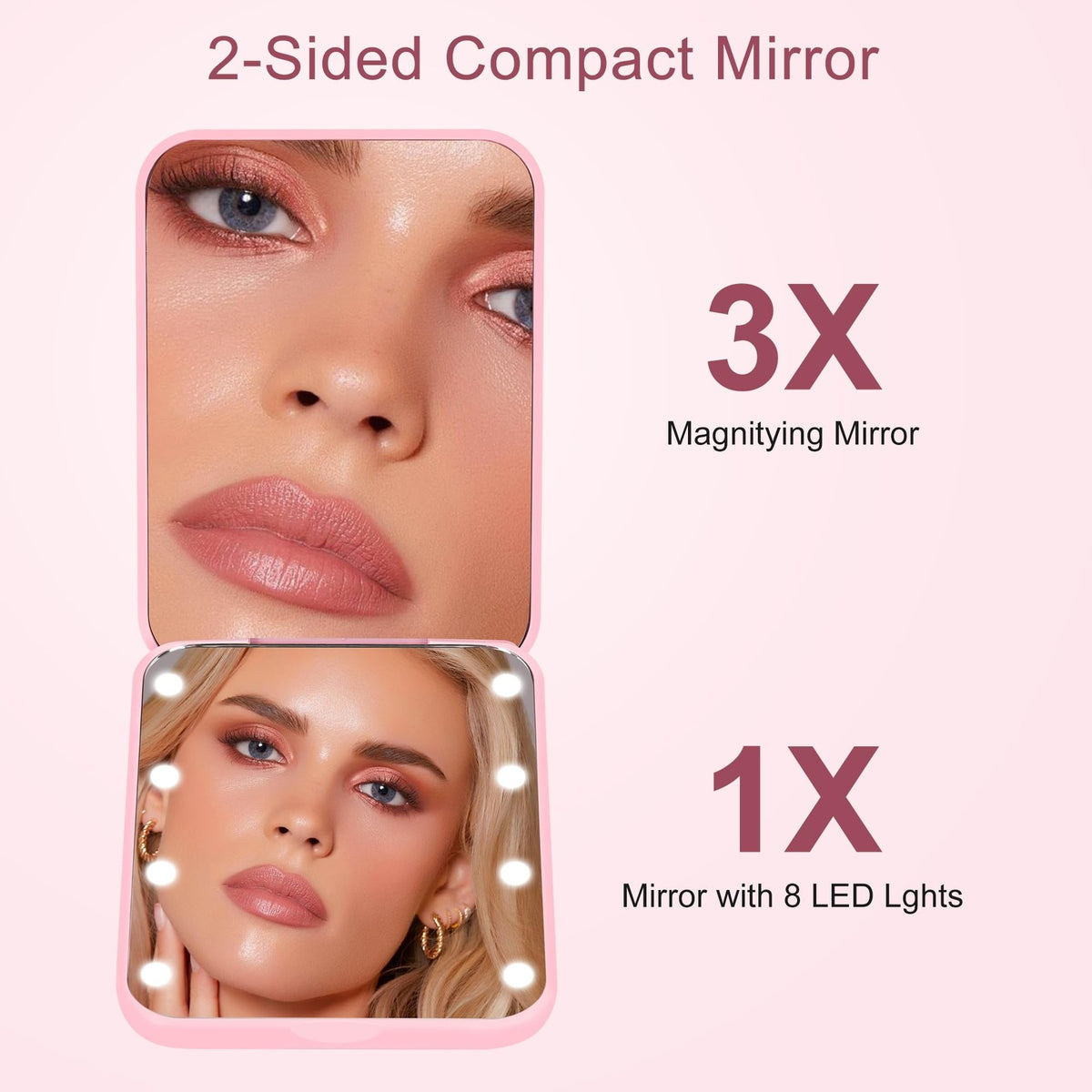 LED Compact Travel Makeup Mirror - 2-Sided 1X/3X Magnification, Pink Portable Folding Mirror