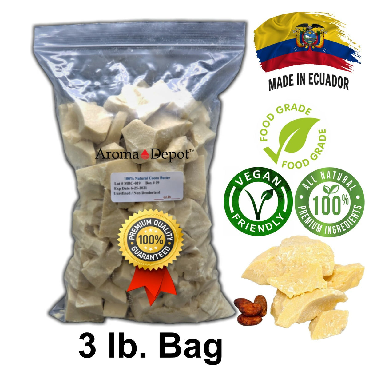 Raw Cocoa Butter 3lb BAG 100% Natural Unrefined Pure Virgin