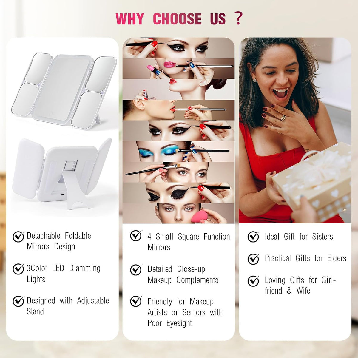 Tri-Fold Lighted Makeup Mirror with Magnification - Portable Dimmable Vanity