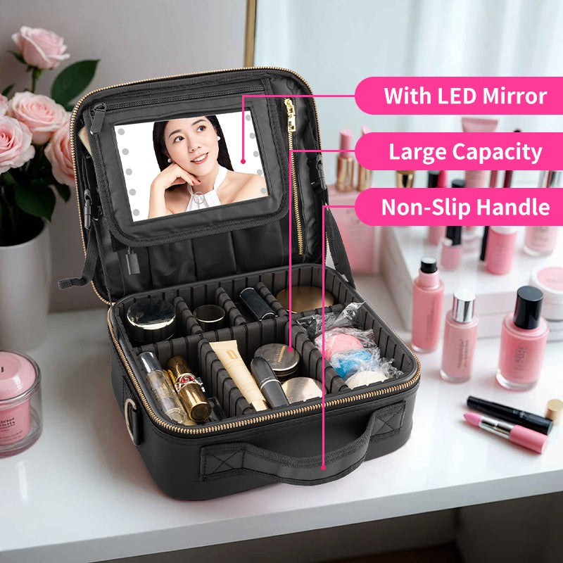 Travel Waterproof Makeup Bag with LED Light Mirror and Handle