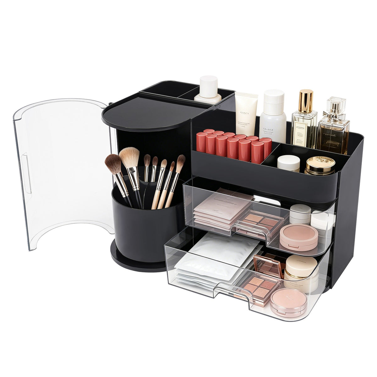 Rotating Makeup Organizer with Drawers and Brush Holder - Countertop Storage, 35x21cm