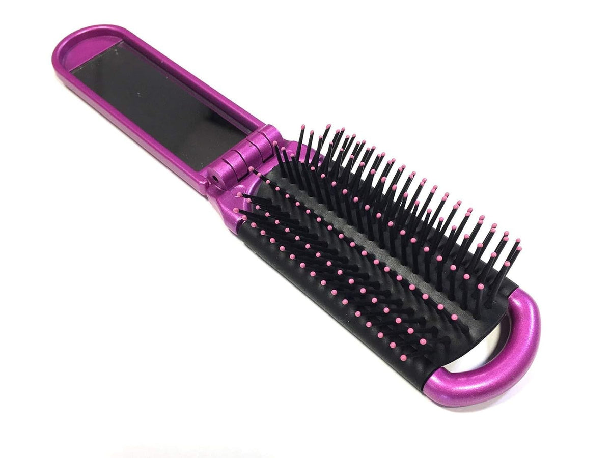 Portable Folding Hair Brush with Mirror - 2 Colors for Travel & Touch-Ups