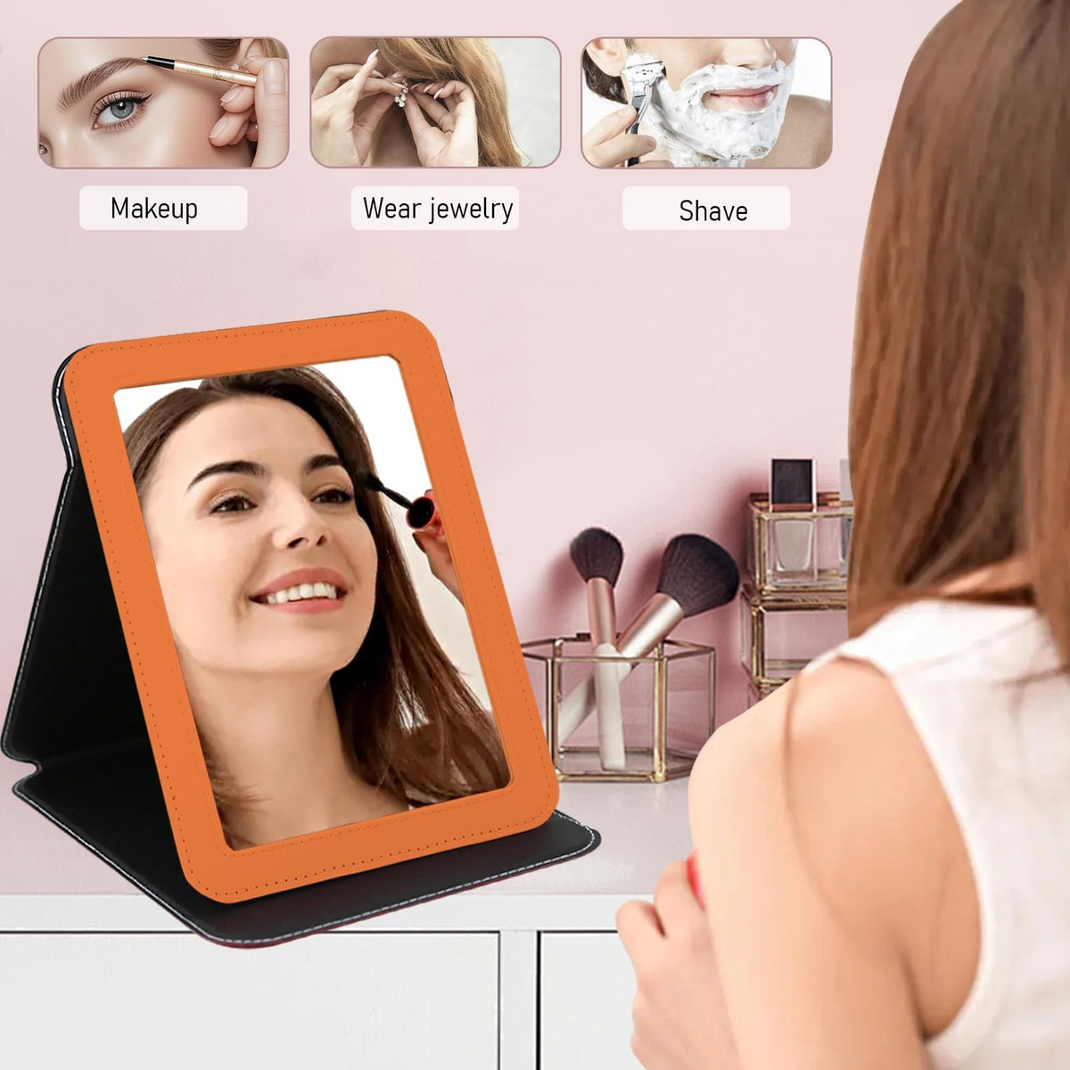Portable Folding Travel Makeup Mirror with Adjustable Stand - Compact Orange