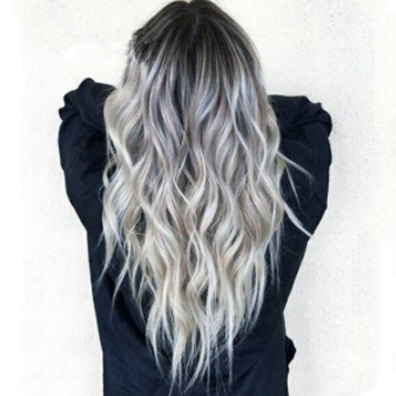 Women Long Wavy Ombre Gray Curly Synthetic Wig - Heat Resistant Hairpiece