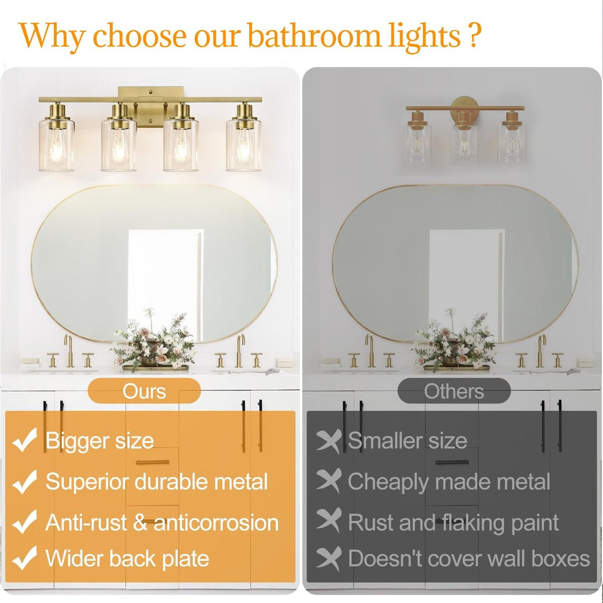 Modern Brass Bathroom Wall Light Fixtures with Clear Glass Shades - 4-Light