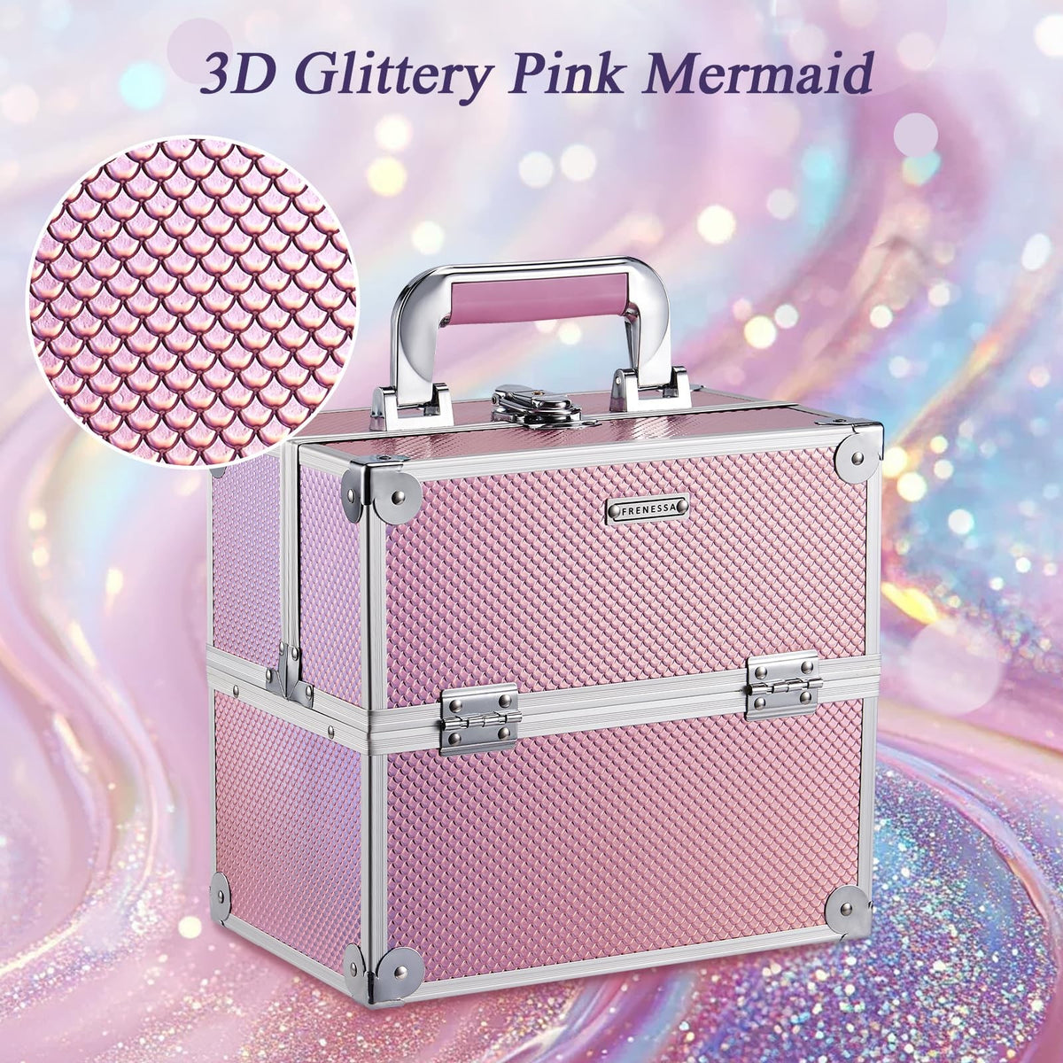 Travel Makeup Case Organizer with Lockable 4-Tier Trays - Mermaid Pink
