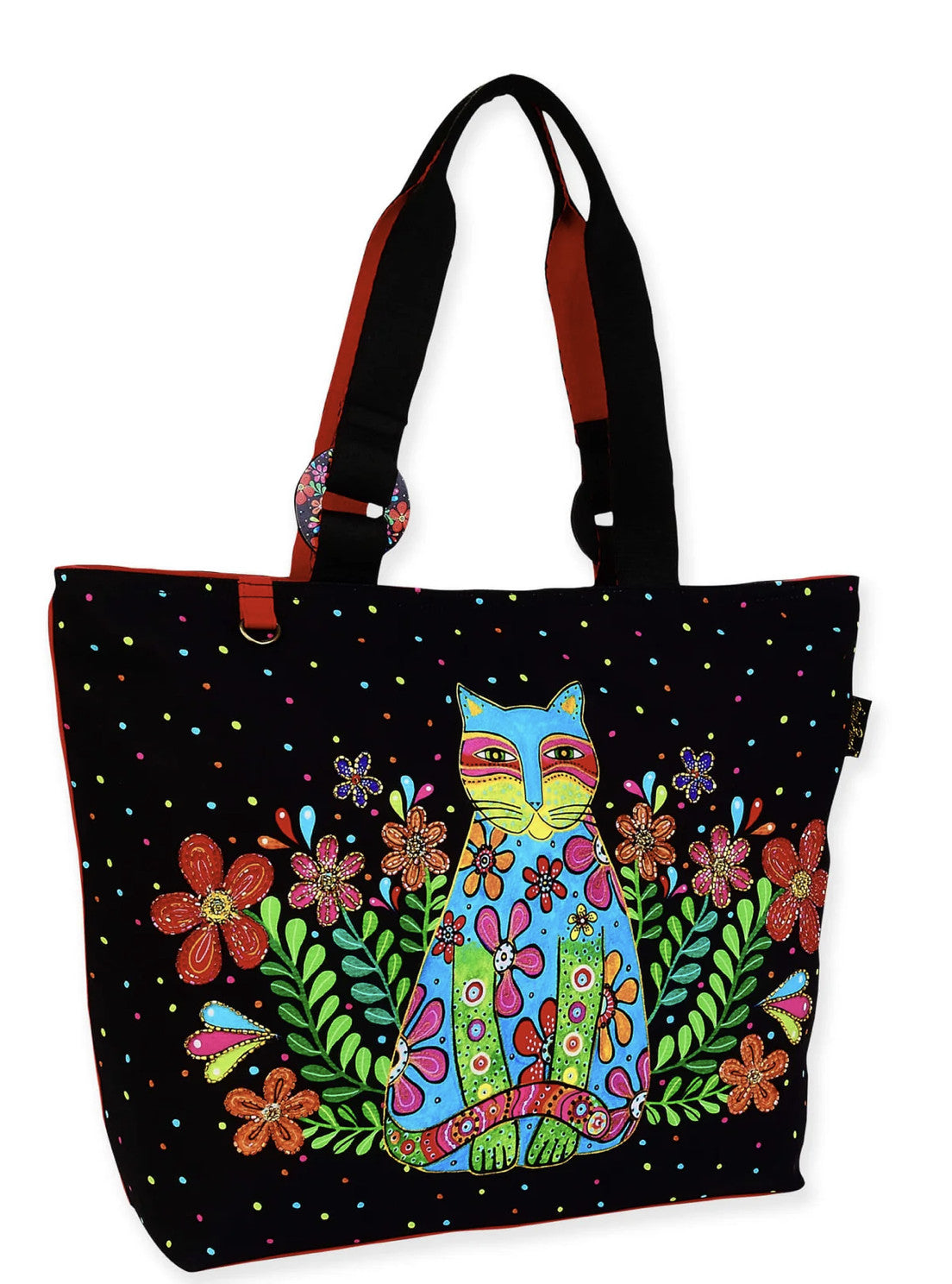 Large Canvas Tote Bag with Feline Artwork and Colorful Details