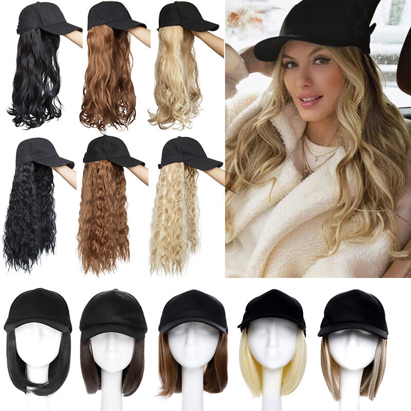 Baseball Cap with Synthetic Hair Extensions - Straight, Curly, Wavy Fits Most