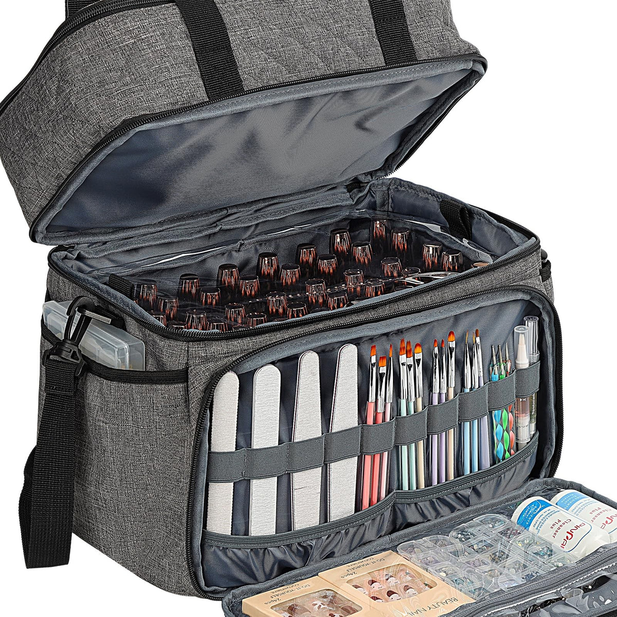 Double Layer Nail Polish Organizer with Lamp & Pouches - Holds 80 Bottles