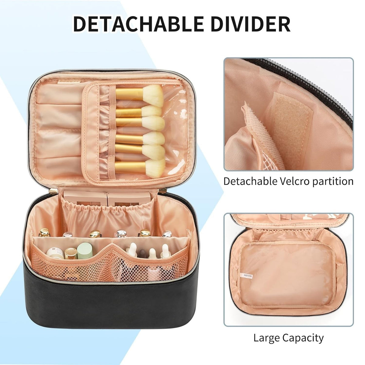 Travel Makeup Bag for Women - Medium Black Waterproof Organizer with Handle & Divider