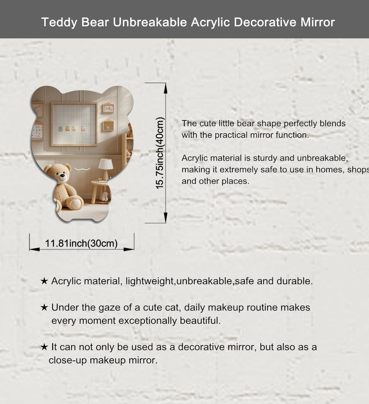 Unbreakable Bear Acrylic Wall Mirror - Anti-Scratch Tempered Glass Decor