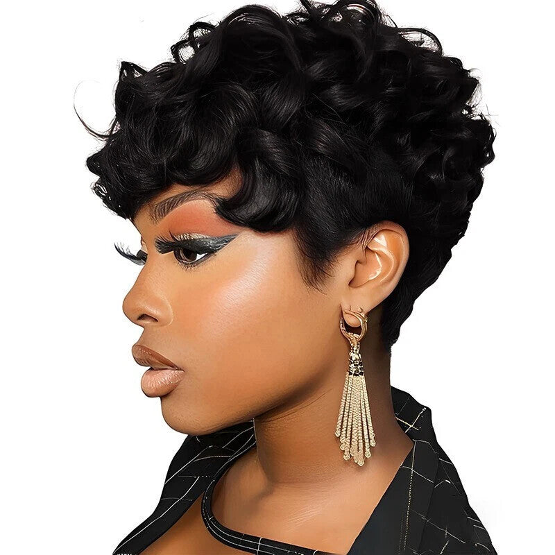 Short Pixie Wig for Black Women Human Hair Natural Style - Adjustable Cap