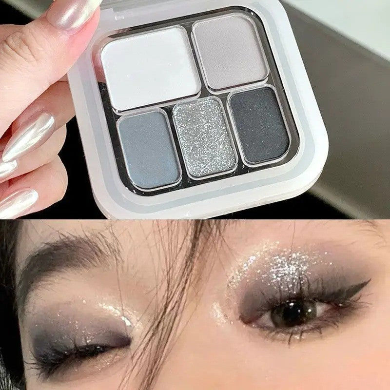 Korean 5-Color Eyeshadow & Blush Palette Matte Shimmer Smoky Gray Portable