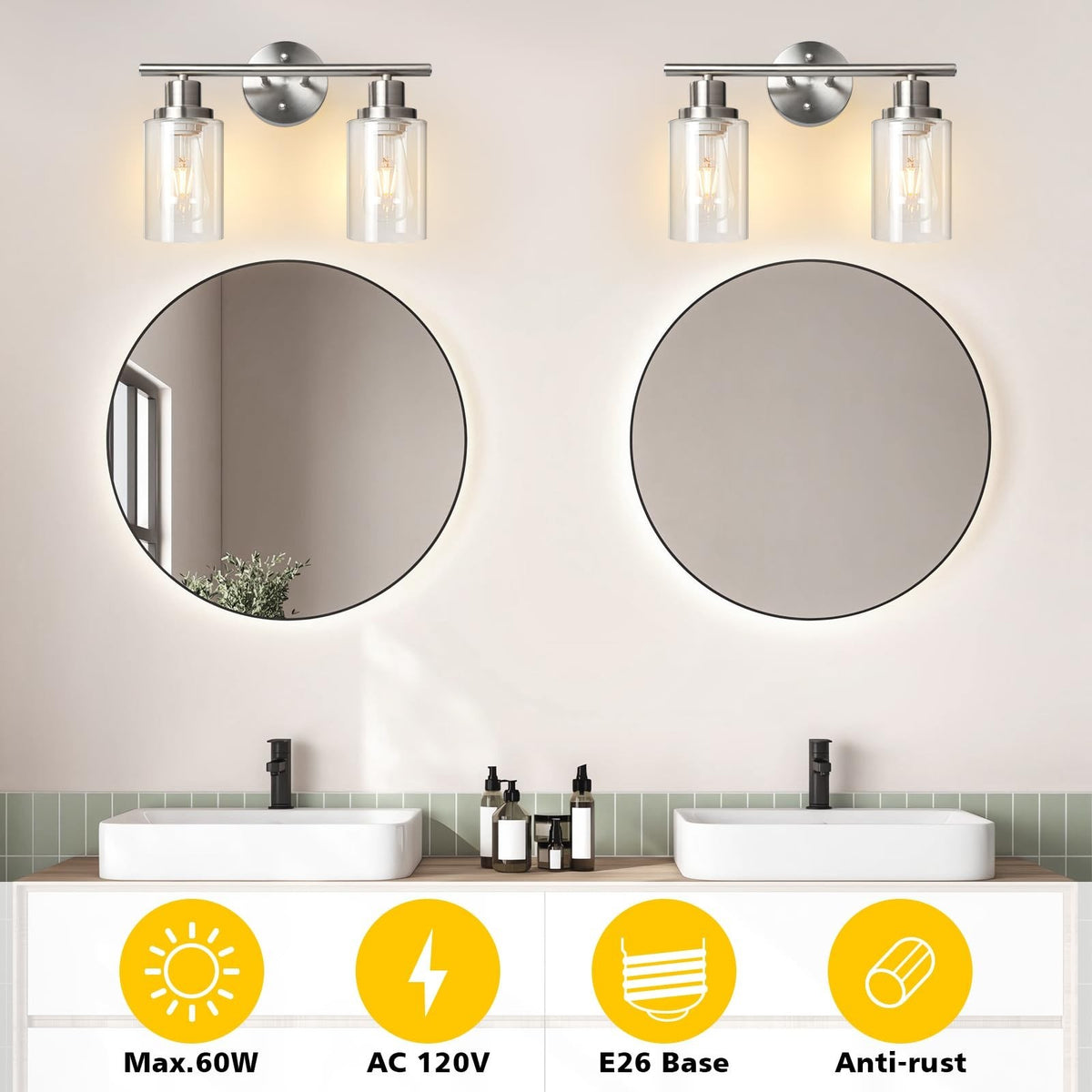 Unicozin 2-Light Modern Vanity Wall Sconce with Clear Glass Shade - Brushed Nickel Finish