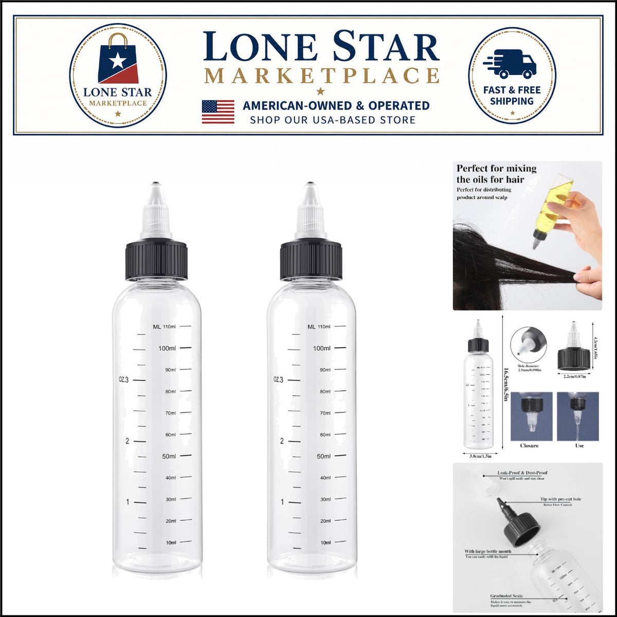 Hair Oil Applicator Bottles - 2 Pack, 4oz Leak-Proof