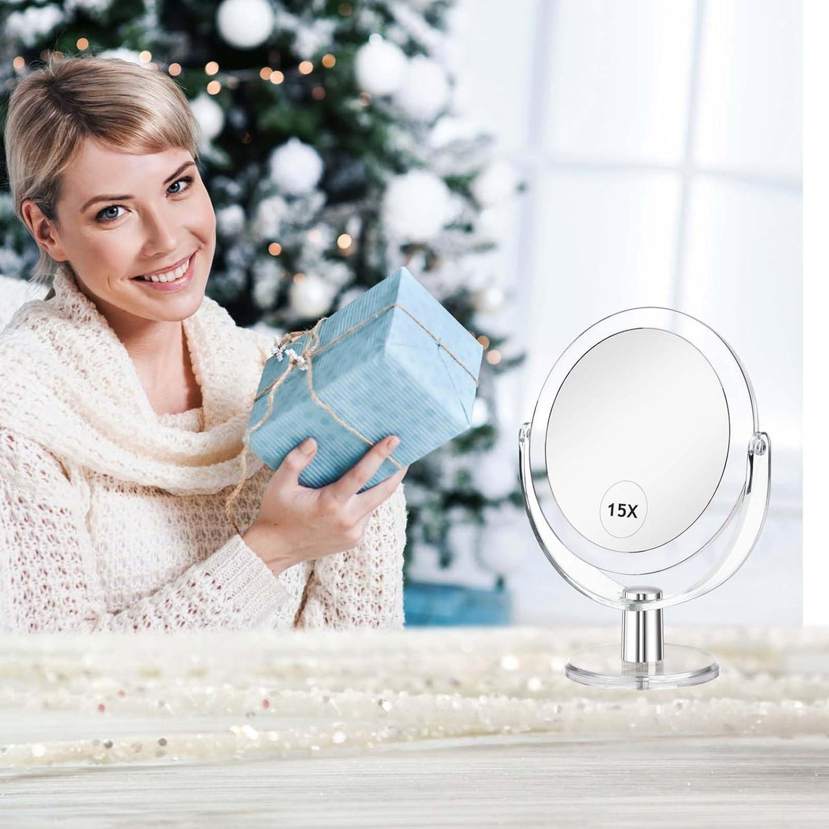 Double Sided Vanity Makeup Mirror with Stand 1X/15X Magnification 360° Swivel