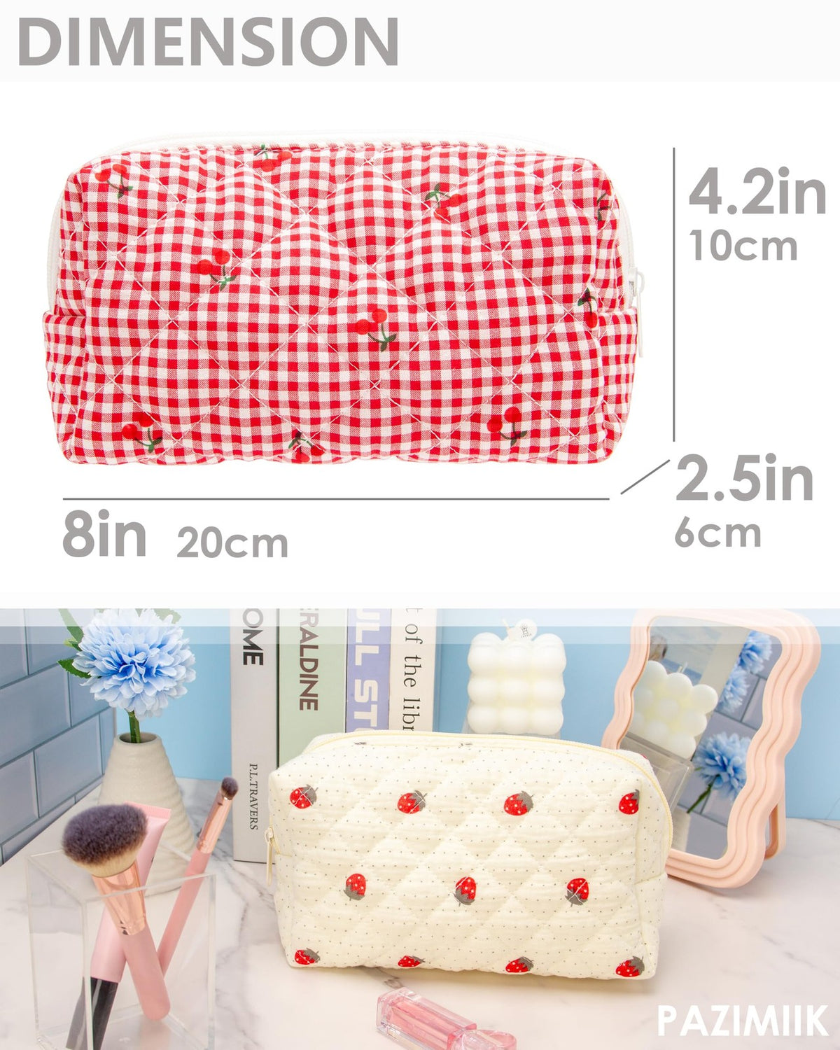 Small Quilted Makeup Bag with Zipper - Gingham Red Cherry