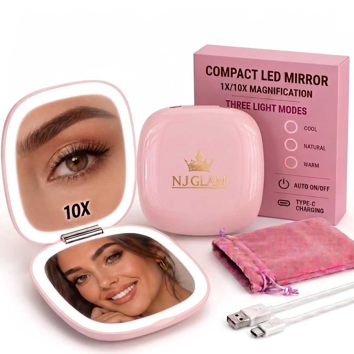 Pink Lighted Compact Makeup Mirror with 1X/10X Magnification, USB Rechargeable, 3 Light Settings