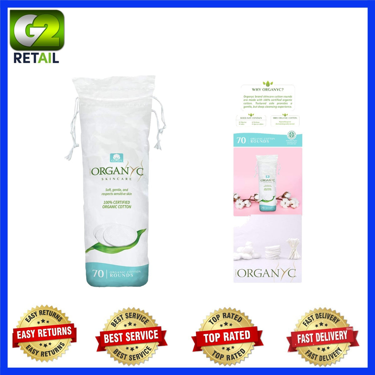 Organic Cotton Rounds - Eco-Friendly Biodegradable 70 Pack for Sensitive Skin