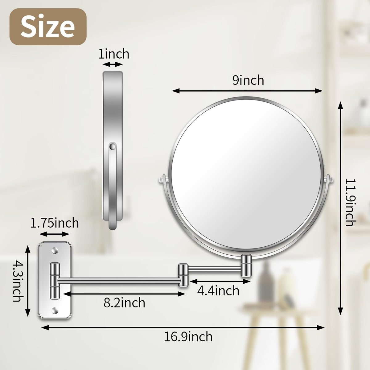 Large Wall Mounted Makeup Mirror 1X/7X Magnification, 9-Inch Chrome