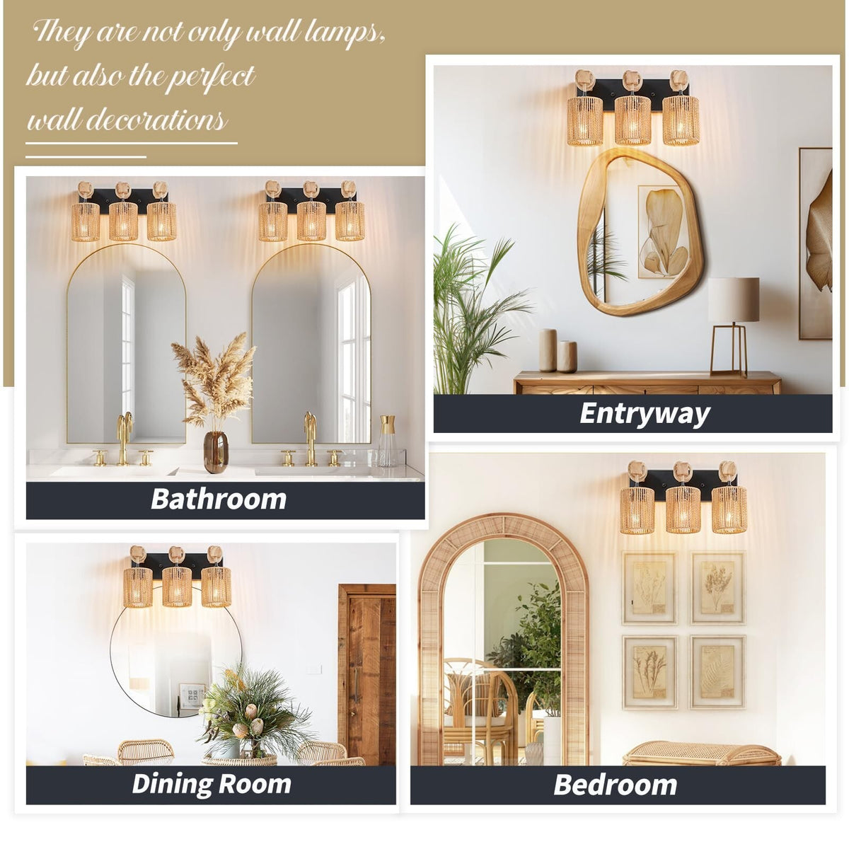 3-Light Bathroom Vanity Light Fixture - Boho Rattan Wall Sconce, Farmhouse Style