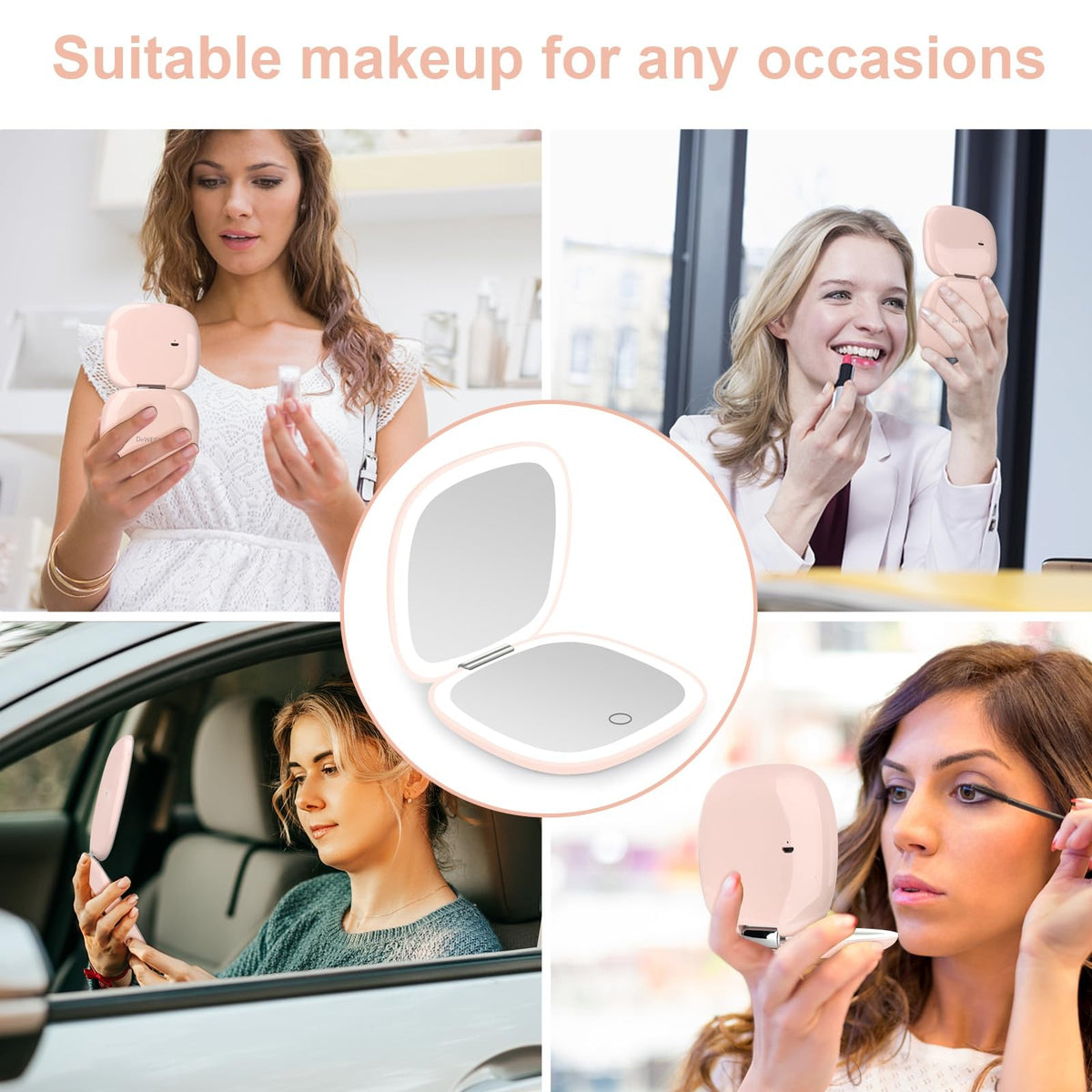 Lighted Travel Makeup Mirror with 1X/10X Magnification, Dimmable Double-Sided Pink