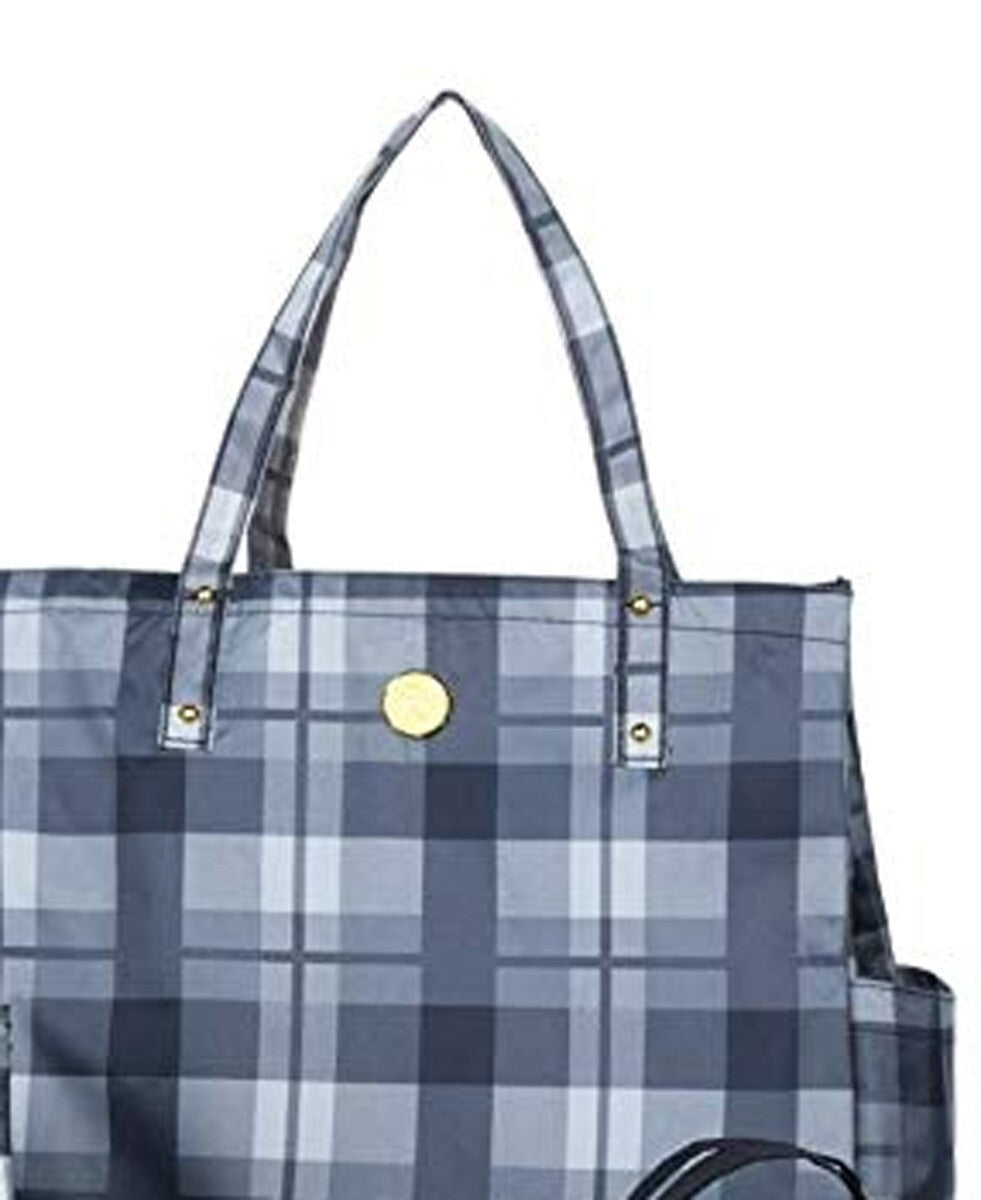 Oversized RFID Recycle Tote Bag with Water-Resistant Polyester - Black/White Plaid