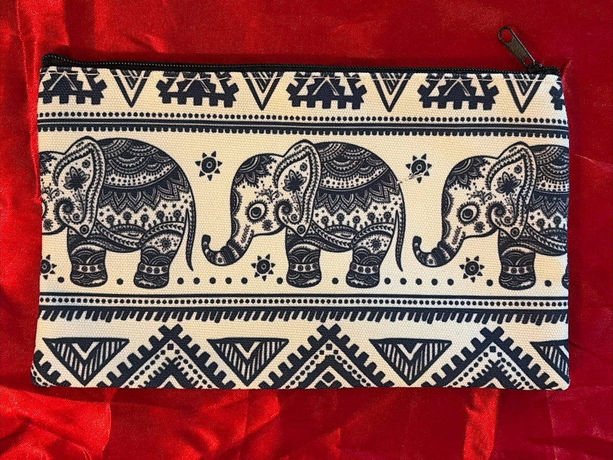 Elephant Cosmetic Bag Makeup Purse Clutch Organizer Blue Ivory Boho