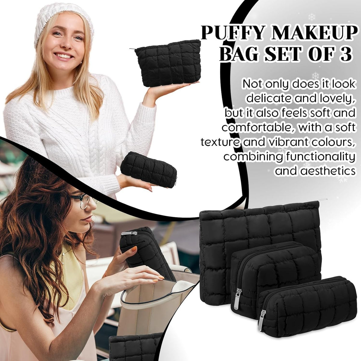 3 Pack Quilted Makeup Bags for Women - Travel Cosmetic Pouch Set