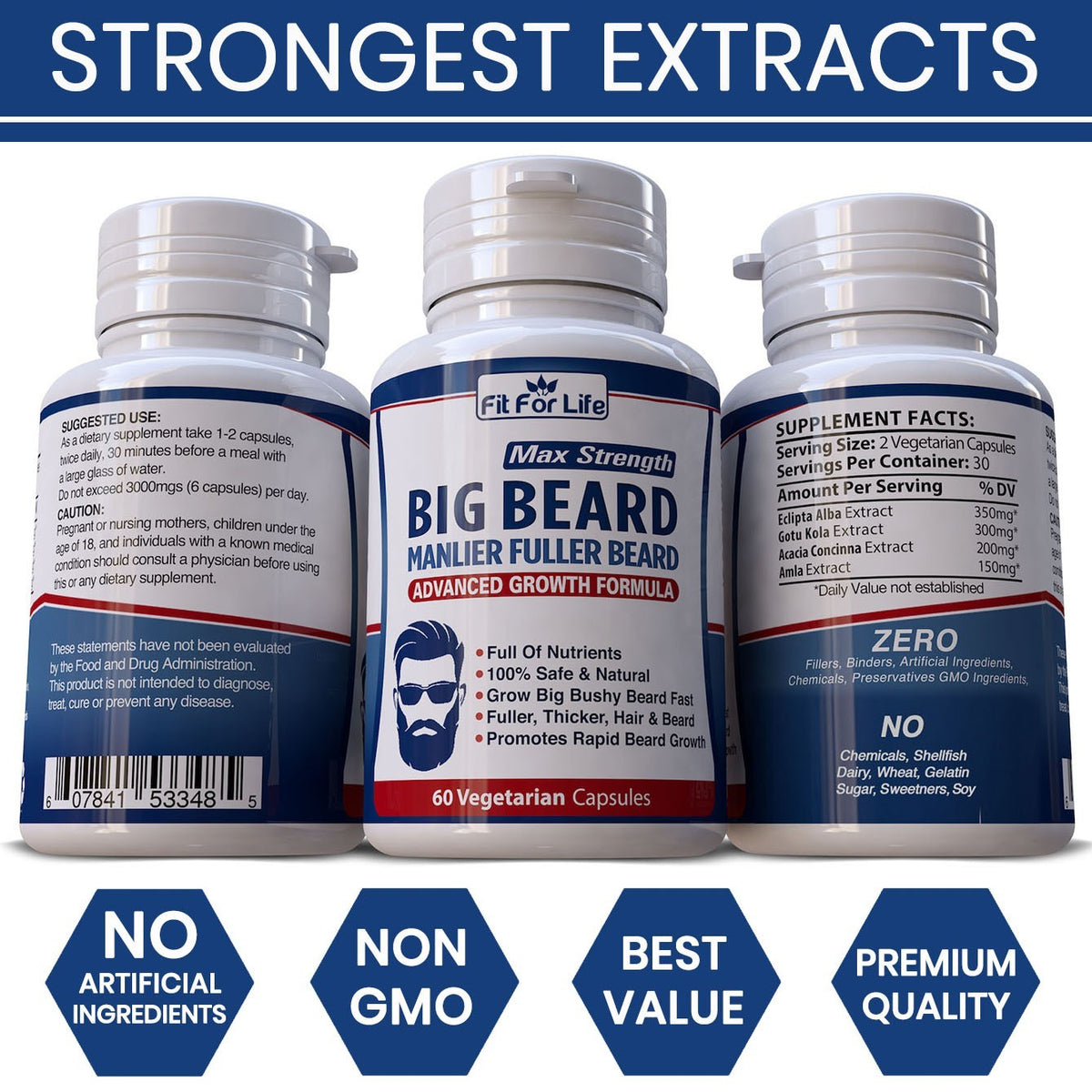 Beard Growth Supplement - 60 Capsules for Fuller Thicker Facial Hair