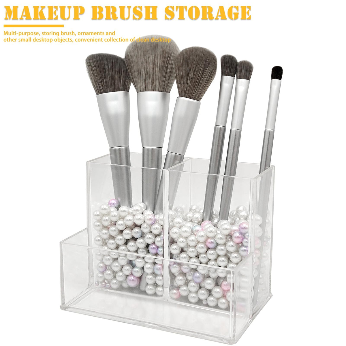 Acrylic Makeup Brush Organizer with 3 Compartments - Clear Storage for Cosmetics & Accessories