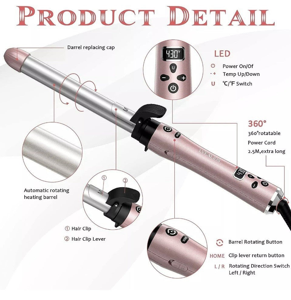 Lyealion 3-in-1 Automatic Hair Curling Iron with Replaceable Barrels - Pink
