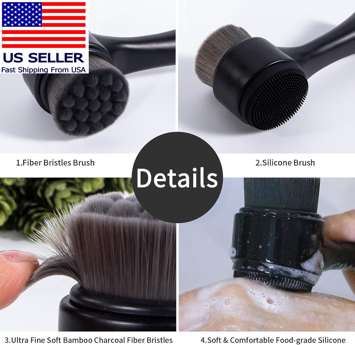 2-in-1 Facial Cleansing Brush with Silicone Exfoliating & Soft Bamboo Charcoal Brush
