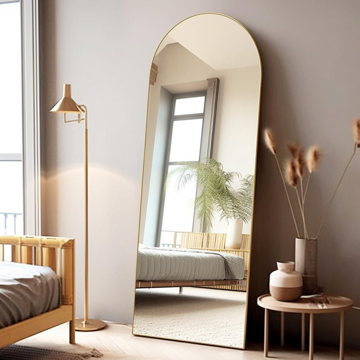 58-Inch Gold Arched Full Length Floor Mirror with Stand - Modern Freestanding Aluminum Frame
