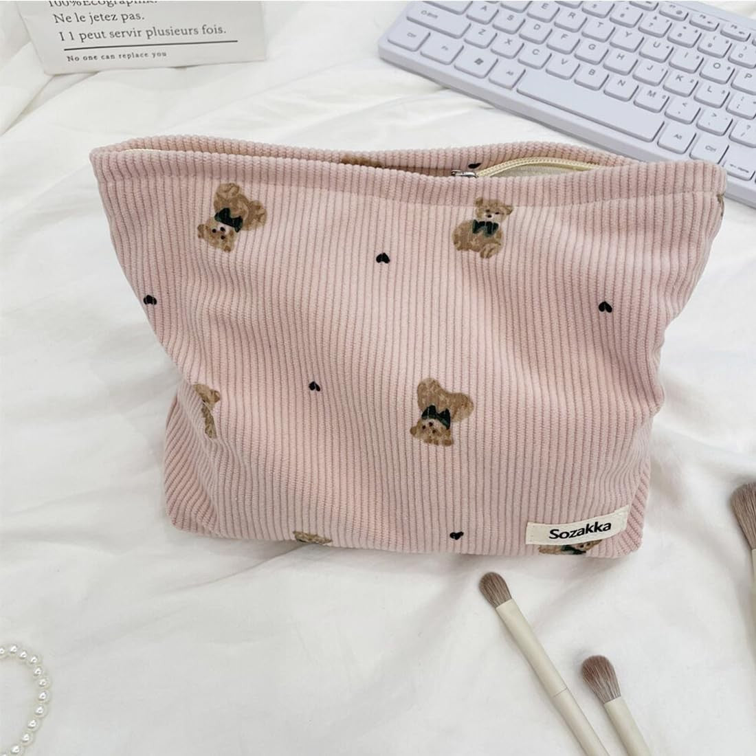 Corduroy Makeup Bag with Bear Design, Large Capacity Travel Organizer, Pink