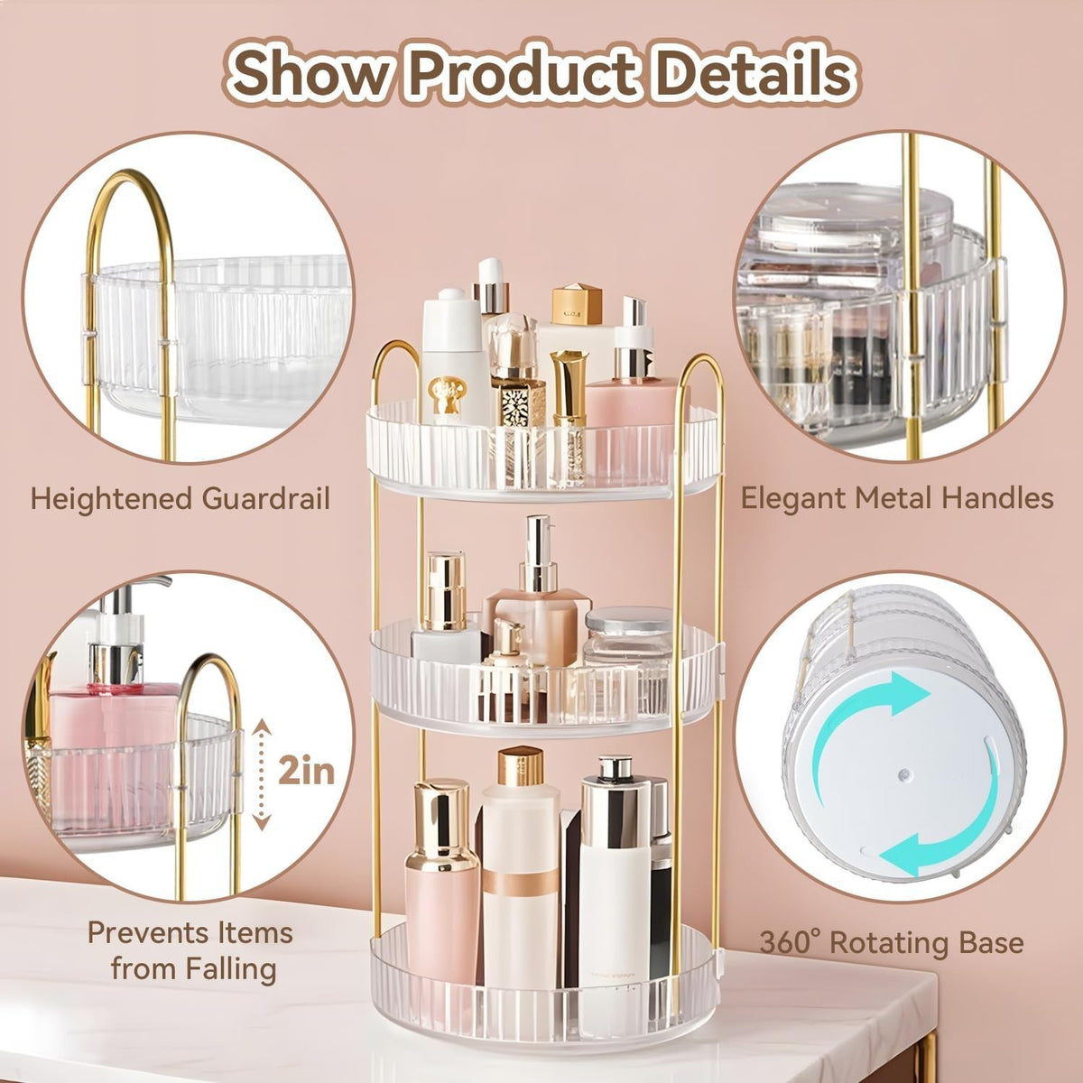 360° Rotating Makeup Organizer 3-Tier Vanity Storage Clear